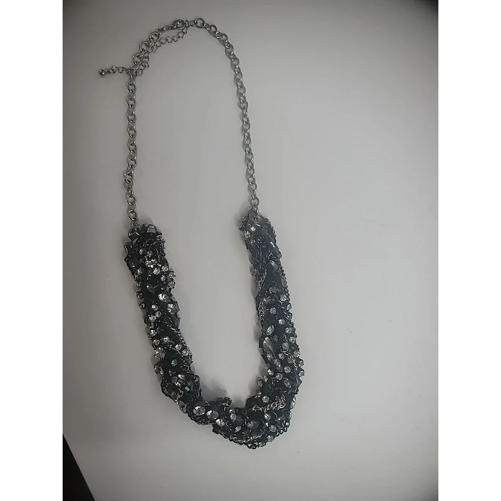 Vintage Silver Black Chain Crystals White Twisted Statement Jewelry Costume
